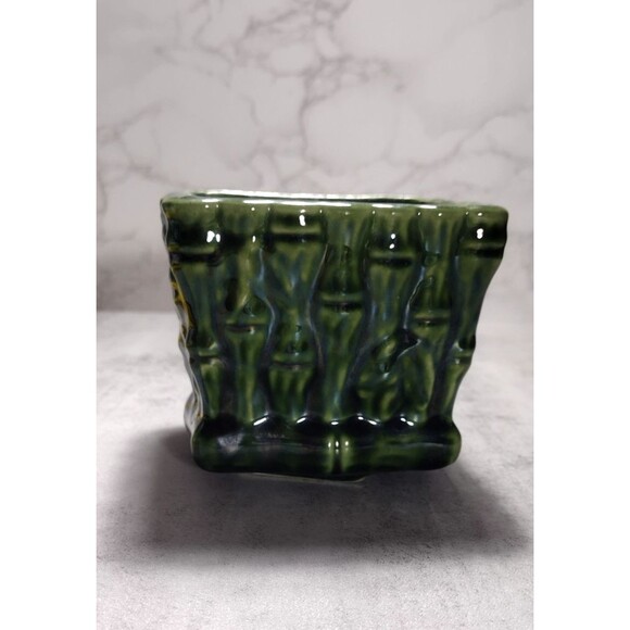 Vintage Bamboo 3D Planter Vase Bowl Green MCM Glazzed Decor Footed Square - Picture 2 of 5